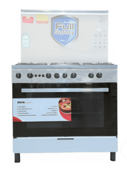 فرن غاز دورا 5 عيون 60×90 امان كامل سطح استيل جوانب سيلفر مع مروحة (شبك عريض)
